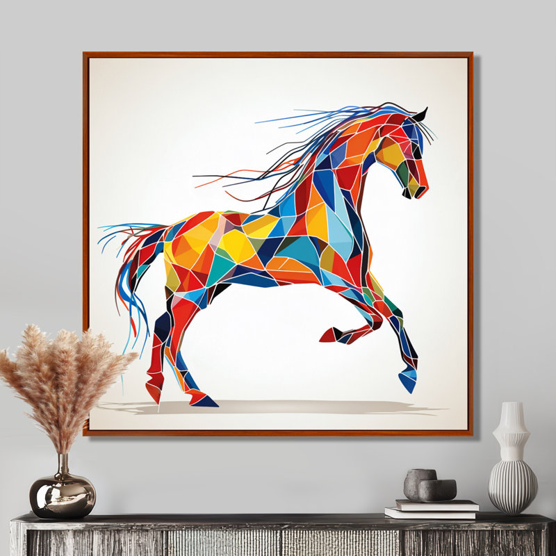 Graphique coloré cheval au galop - cheval, art mural, H 16 po x l 16 po, Toile brune avec cadre flottant