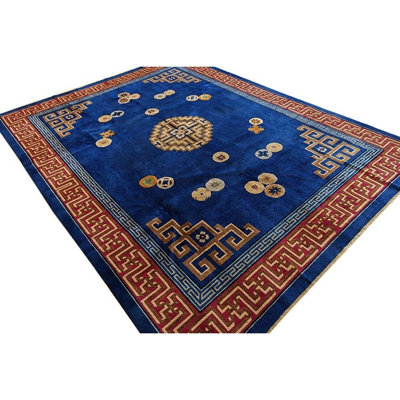 Tapis bleu royal antique en laine de style art déco RugsOnNet