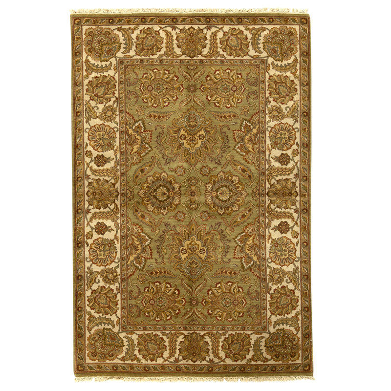 Tapis vert et ivoire noué à la main de haute qualité