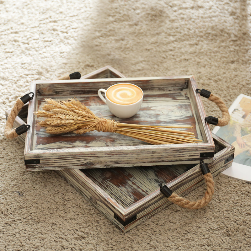 Wood 2 Piece Serving Tray Set, Brown