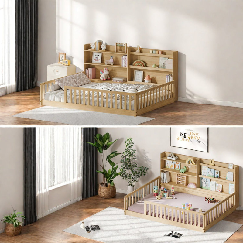 Lit double avec rangement, lit Montessori en pin massif, chambre moderne, Tanné