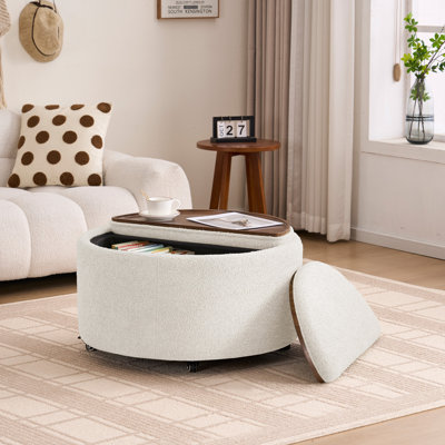 Modern Round Storage Ottoman with Split Wooden Tray, Rolling Casters, Upholstered Boucle Footrest Coffee Table for Living Room