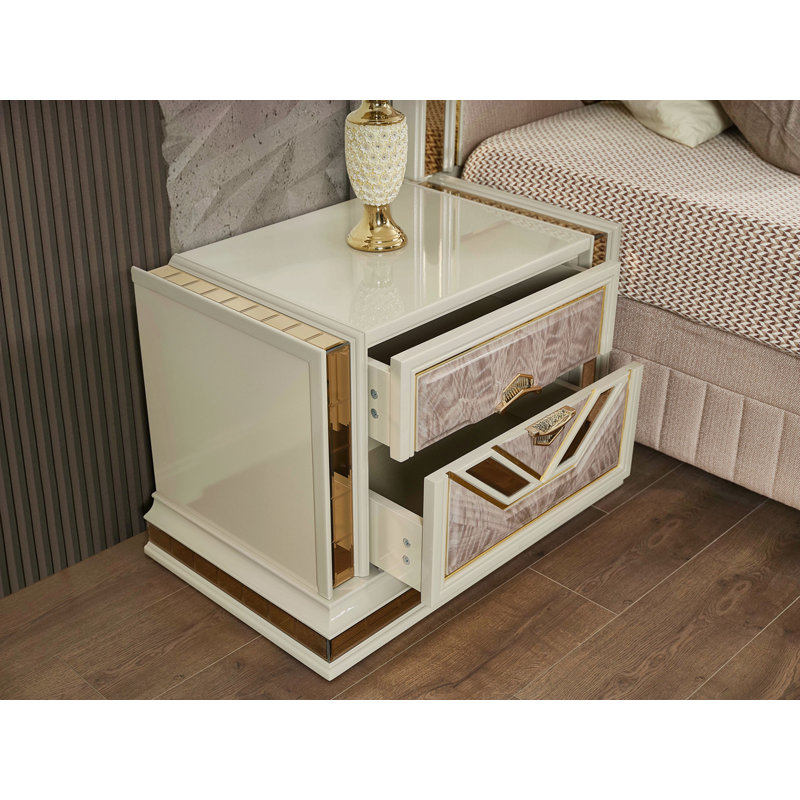 Table de chevet 2 tiroirs de style moderne en bois et or