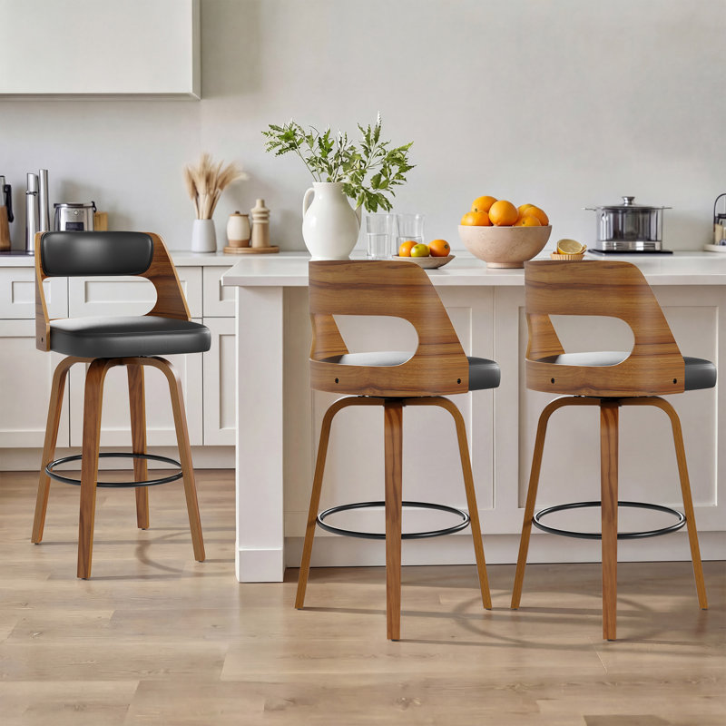 Tabouret de bar rotatif 28,9 po Mid-Century avec dossier et repose-pieds courbés, Noir