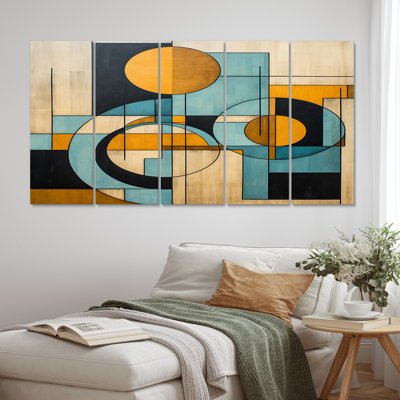 Serendipity abstrait Mid-Century Geometrics - salon d'art moderne Mid-Century - 5 panneaux égaux