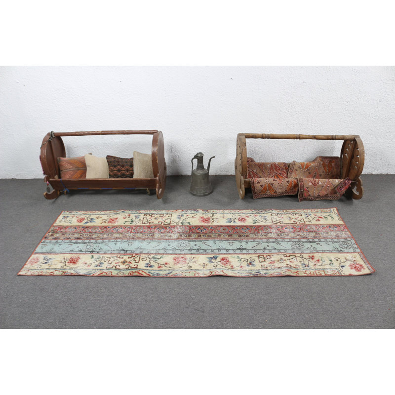 Tapis de couloir turc vintage beige pour escalier et couloir avec motif de patchwork antique