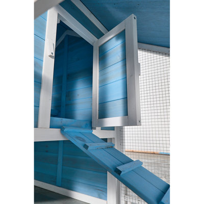 Cage bleue de 76 po avec design naturel, piste d'extérieur, plateau amovible, rampe intérieure et d'utilisation, espace de jeu, maison