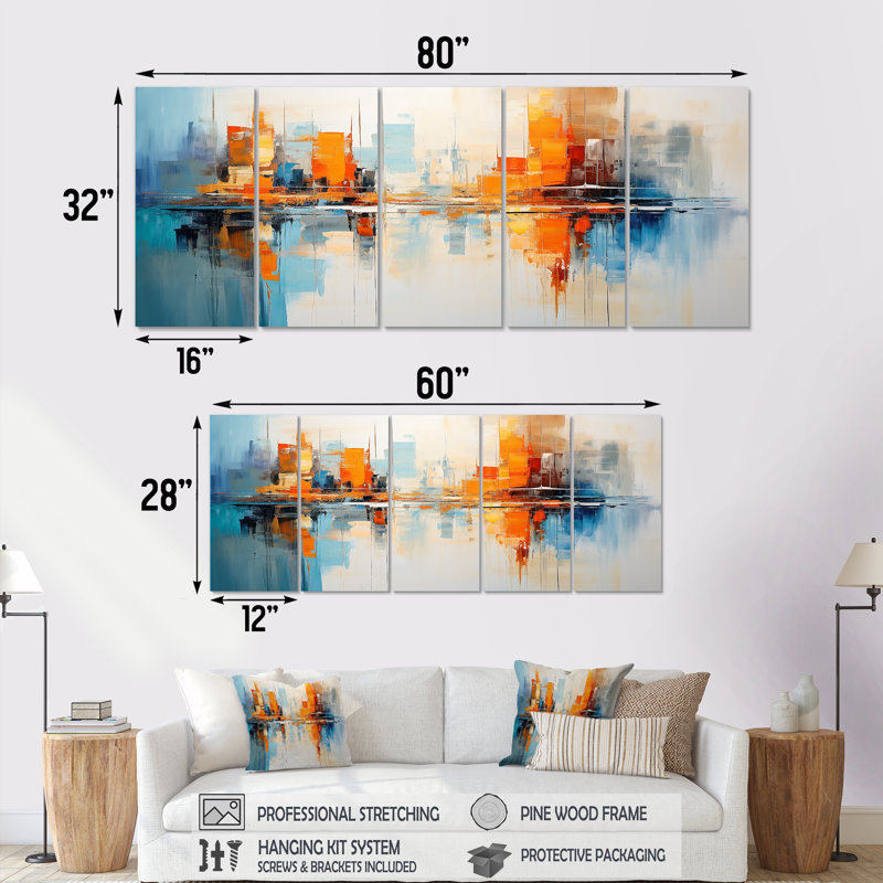 «Distant Sunset New York City - Cityscape Wall Art Decor», 5 pièces, H 32 po x l 80 po