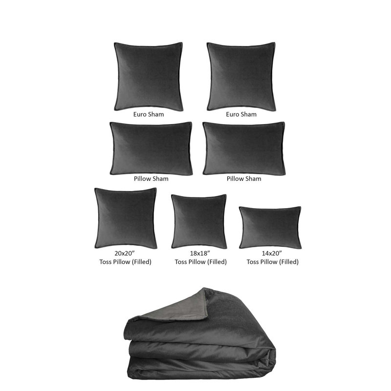 Ensemble de housse de couette en velours de couleur unie 8 pièces Cascade, Gris