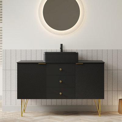 48" Bathroom Vanity With Sink, Freestanding Plywood Storage Cabinet With 4 Gold Legs, 3 Drawers And 2 Doors, Black Rectangular Cermaic Basin & Black Sintered Stone Top, Pre-Assembled, Black