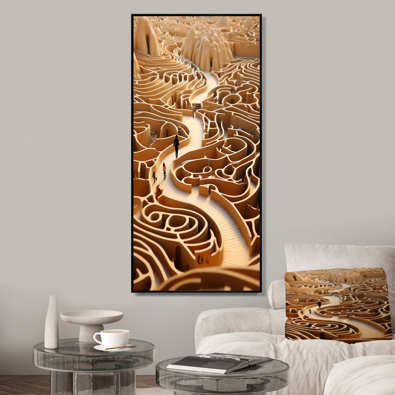 Labyrinthe désertique, H 60 po x l 28 po x P 1,5 po, Cadre flottant noir