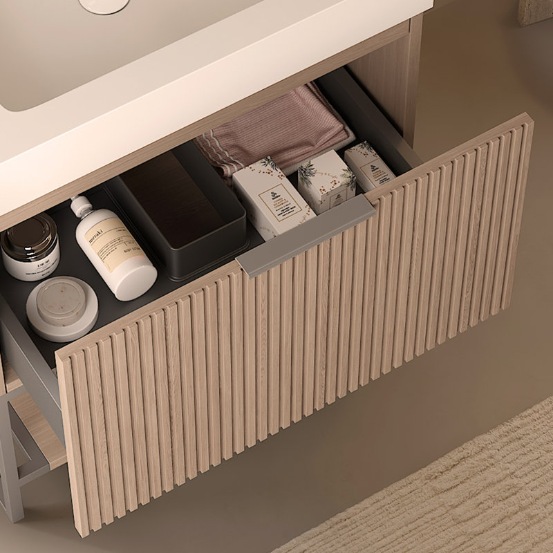 Meuble-lavabo 36 po avec lavabo, armoire de rangement autoportante en contreplaqué rayé avec tiroir et tablette ouverte