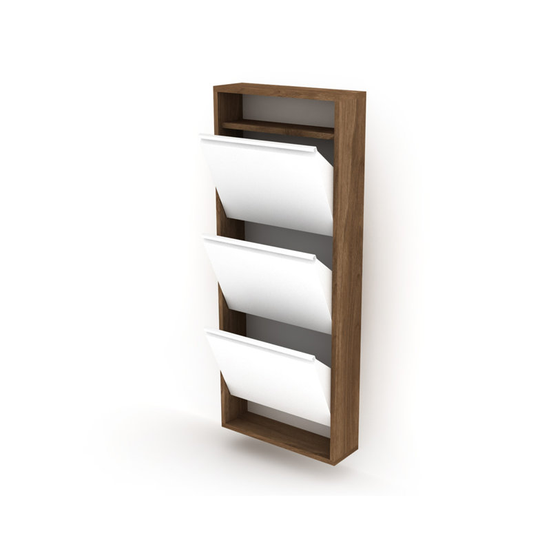 Emilsy 3 Tier Shoe Storage Cabinet, Wood Cabinet, Flip Down Design, California Walnut