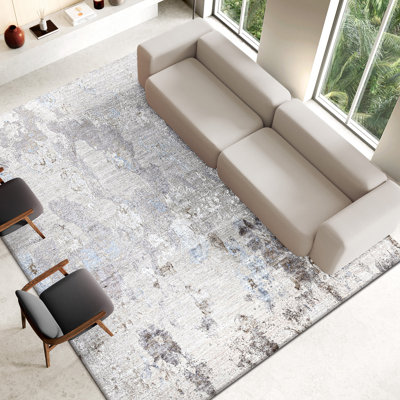 Tapis gris clair et bleu noué à la main de haute qualité