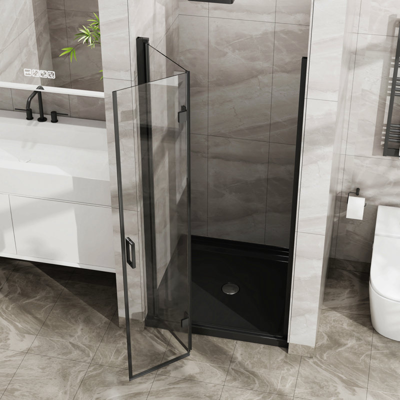 34"X 72" Bifold Frameless Glass Shower Door 1/4 Inch Tempered Clear Glass Pivot Swing Shower Panel, Foldable, Black