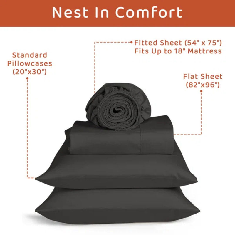 Loomsnest 100% Long Staple Cotton 400 Thread Count Sateen Sheet Set, Wrinkle Resistant, Deep Pocket, Fits up to 18", Full, Dark Gray