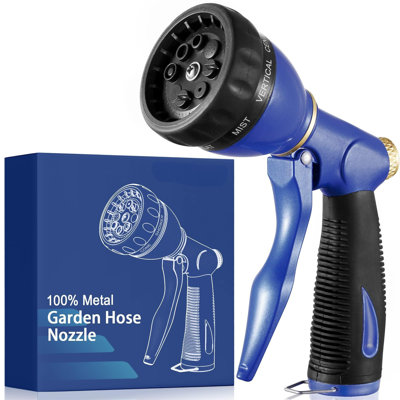 Garden Hose Sprayer Nozzle 100% Heavy Duty Metal, Water Hose Nozzle With 8 Different Spray Patterns, High Pressure Hose Spray Nozzle For Watering Plant & Lawn, Washing Car & Pet Blue