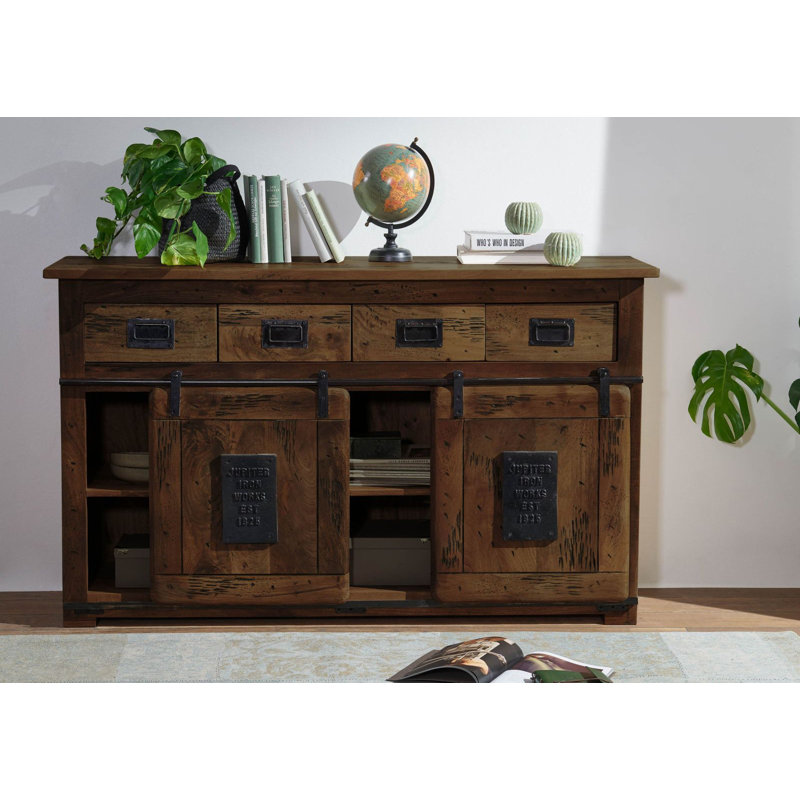 Railway 150cm Solid Wood Sideboard, Brown Lacquered