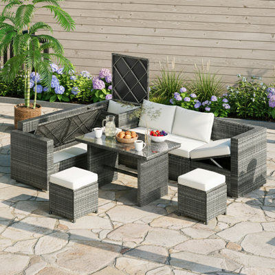 6-Piece Outdoor  Patio Wicker Sectional Furniture Set With Storage Box And Glass Top Table And Adjustable Seat