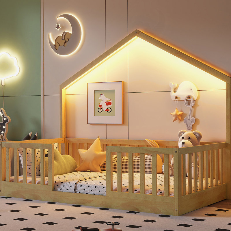 Lit simple à plancher surélevé, lit En Montessori avec éclairage pour enfants, garçons et filles, Naturel, Lit simple