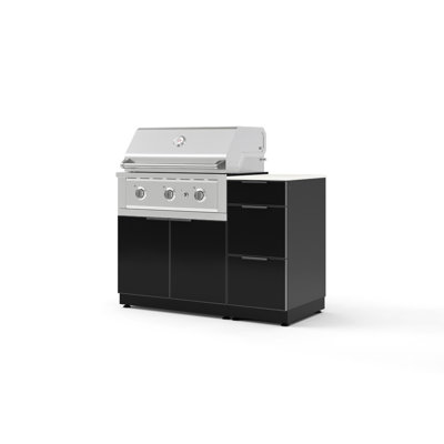 Outdoor Grill Island Aluminum Slate Gray 4 Piece Cabinet Set with 3-Drawer, Grill Cabinet, 33" Liquid Propane Gas Performance Grill and 16" Dekton Black Top