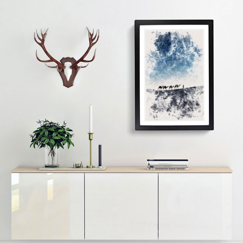 Camels Trekking In Morocco Watercolour - Picture Frame Graphic Art, 33cm H x 24cm W x 2cm D, Black Framed
