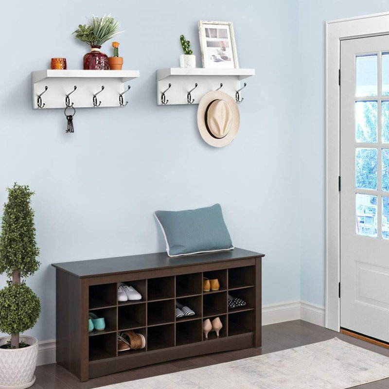 Ensemble de 2 portemanteaux flottants muraux blancs avec tablette de rangement et 4 cintres durables, organisateur de vestibule pour manteaux, chapeaux, sacs