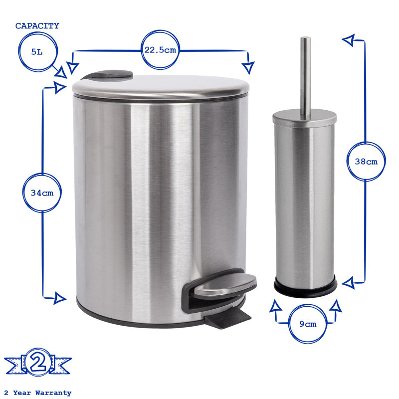 Harbour Housewares - 5L Round Bathroom Bin & Brush Set - Stainless Steel Bin & Cleaning Brush, White