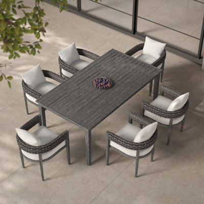 7-Piece Outdoor Patio Woven Dining Set With Gray Cushions