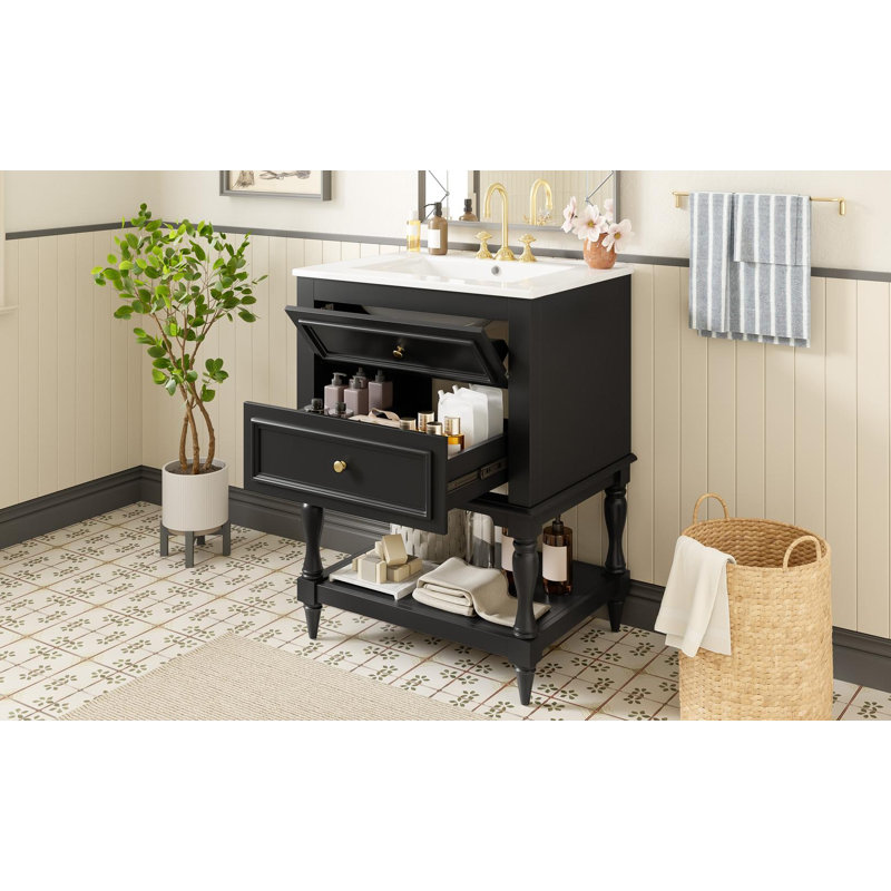 Meuble-lavabo simple 24 po avec plateau en céramique, Noir, Gold