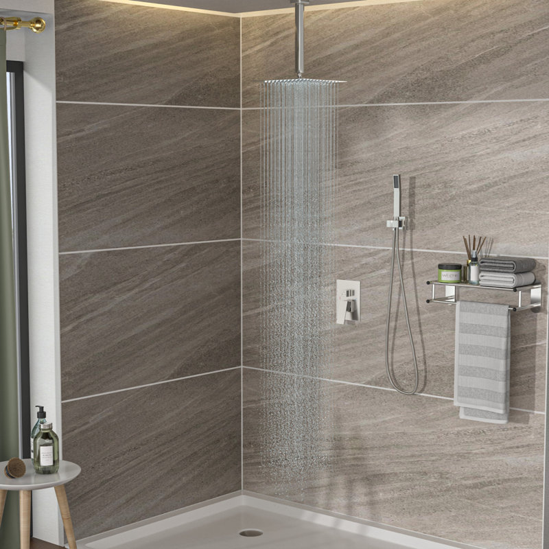 Pomme de douche double - Système de douche carré à fixation au plafond de 10 pouces avec valve brute, Nickel brossé