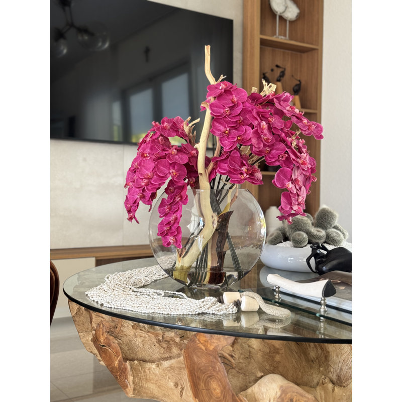 16" Glass Moon Vase With Light Brown Orchids And Driftwood, Pink