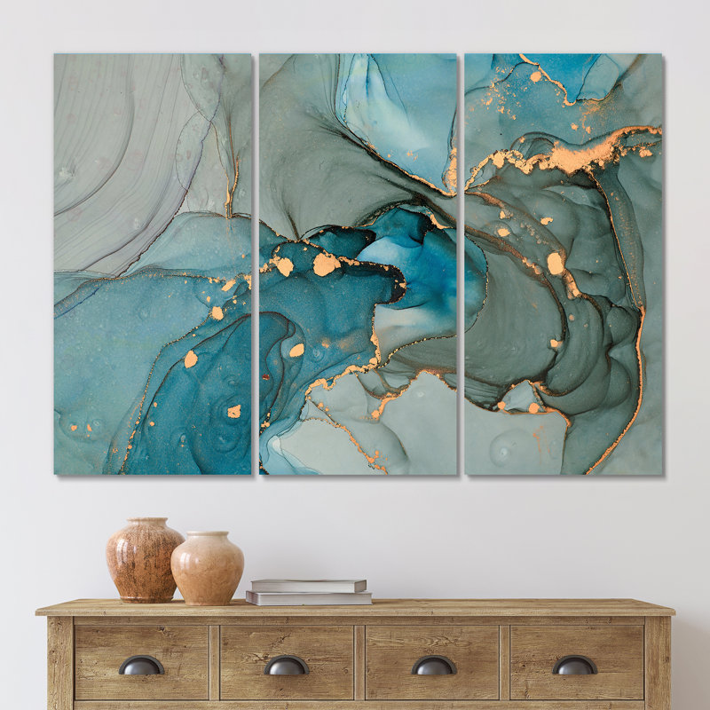 Turquoise doré infusé marbre - reproduction d'art sur toile moderne, H 28 po x l 36 po x P 1 po
