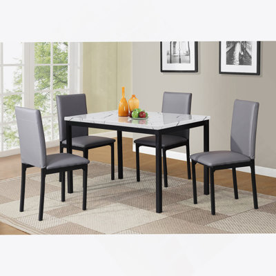 5 Piece Metal Dining Set With Laminated Faux Marble Top, Dining Table With 4 Chairs
