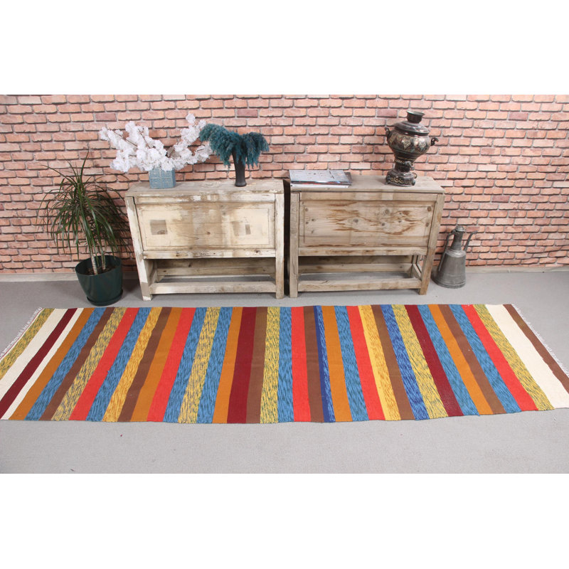 Tapis de couloir turc rétro avec frange pour le couloir en rayure jaune