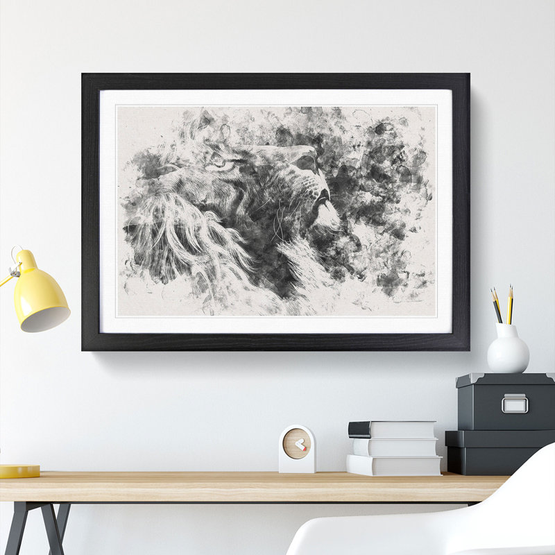 Majestic Lion Illustration Watercolour - Picture Frame Graphic Art Print, 33cm H x 45cm W x 2cm D, Black Framed