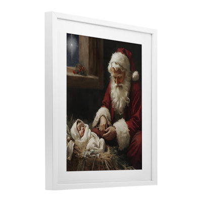 «Santa Believes with Baby Jesus», reproduction sous verre encadrée, conception de Jo Moulton