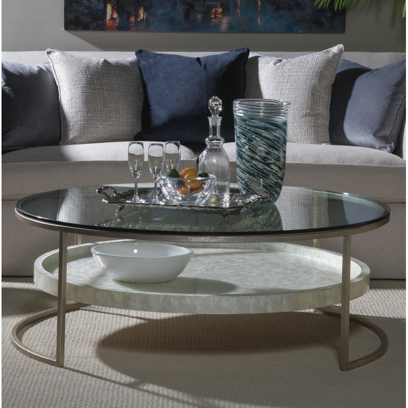 Modern Silver-White Round Glass Cocktail Table with Capiz Starburst