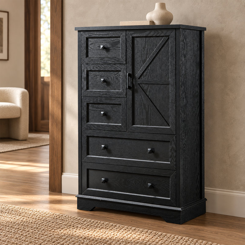 Farmhouse 47.2 '' H 5 Drawer Bedroom Dresser with Door, Wood Rustic Tall Chest of Drawers for Bedroom, Closet Storage for Bedroom