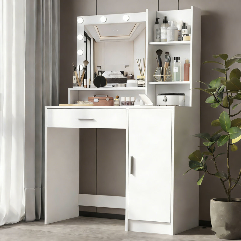 Vanity Desk With Mirror, Dressing Table With Large Drawer, Adjustable Lighting Modes, Vanity Table Ideal For Bedroom, White