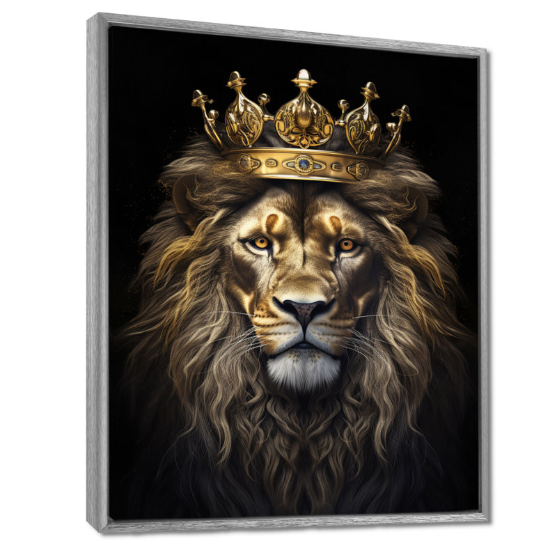 Majestic lion royal avec couronne d'or I - impressions sur toile de lion, H 20 po x l 12 po x P 1 po, Encadrement argenté