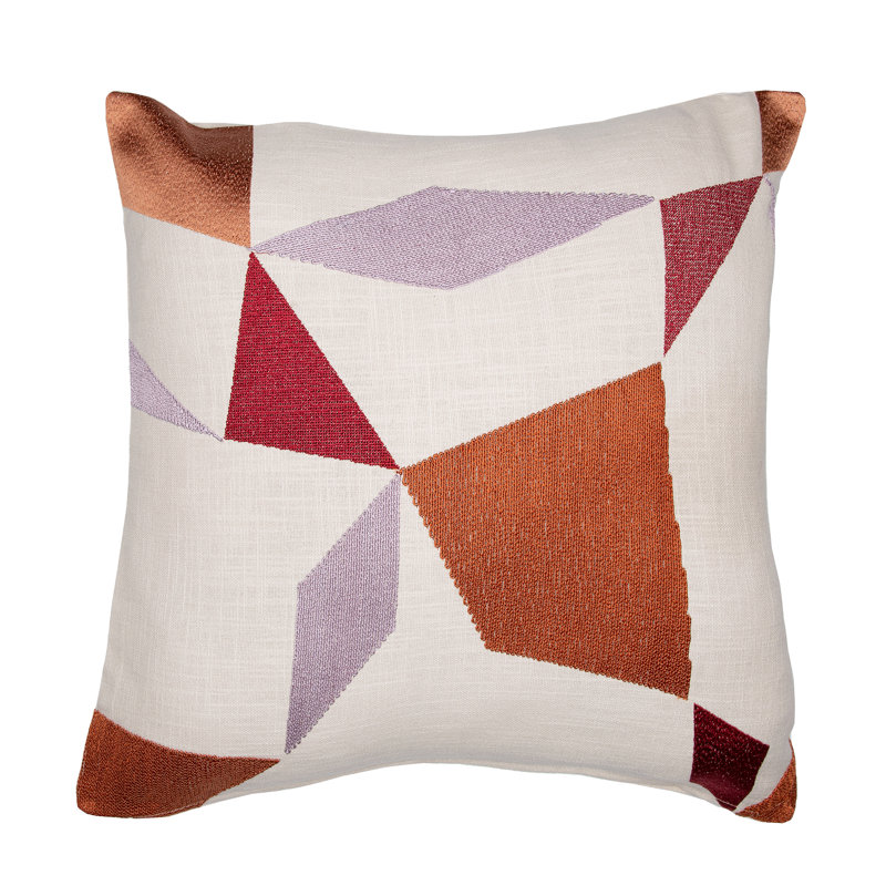 Housse de coussin décoratif en mélange de coton texturé à broderies abstraites, 20 po x 20 po, Ivoire/orange/mauve
