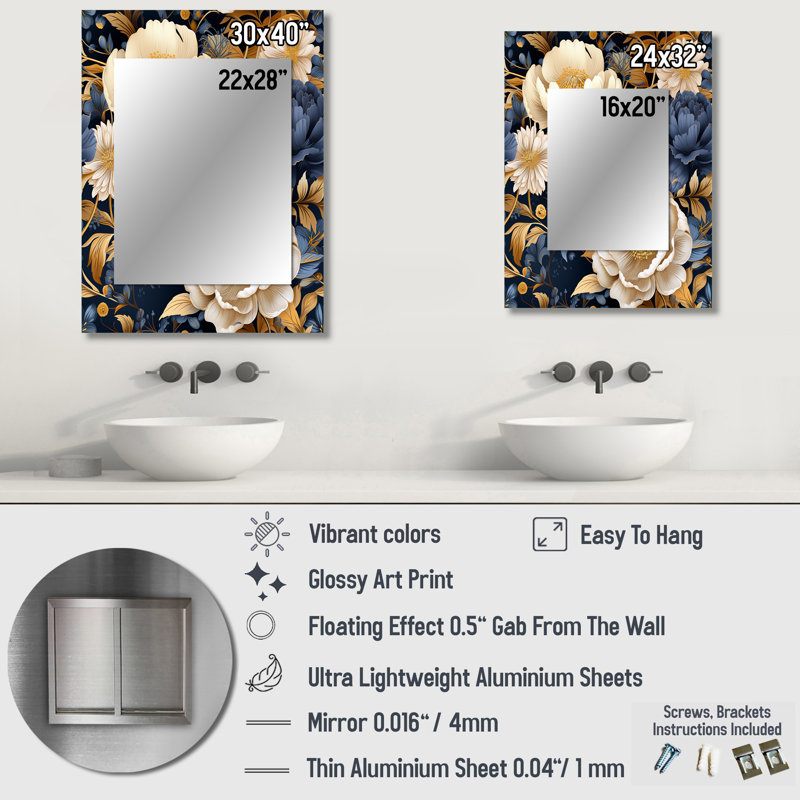 Carlock Blue And Beige Peonies Boho Pattern - Floral Decorative Wall Mirror, Floral Mirror, Printed Metal Art, 40" x 30"