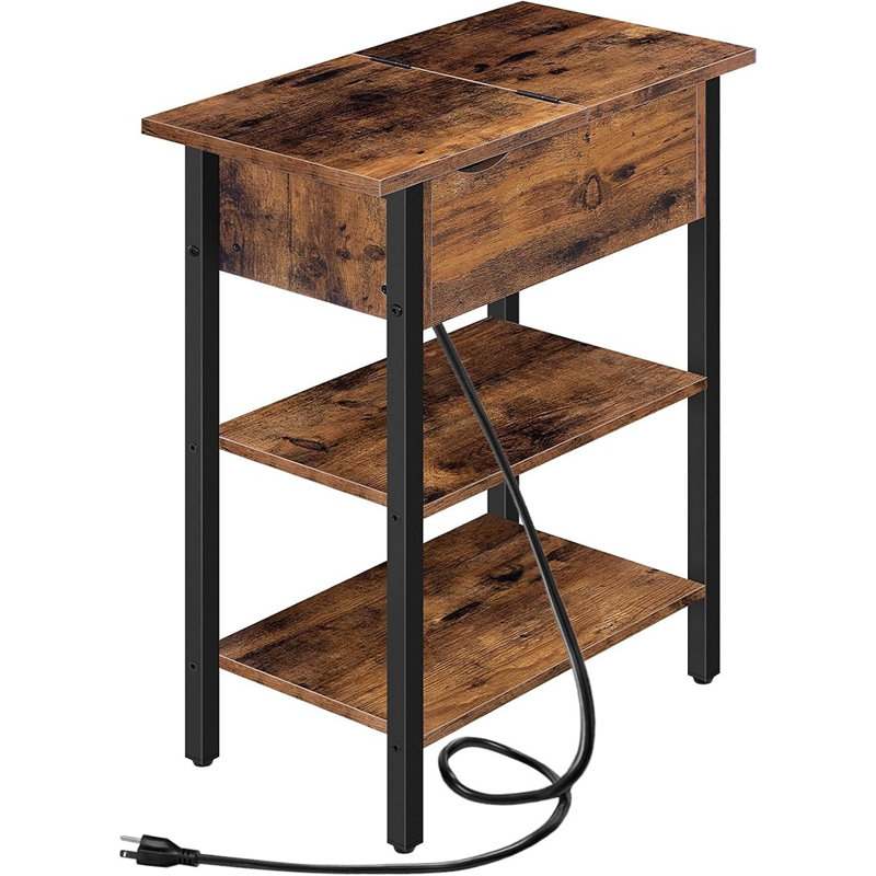 Table d'appoint avec station de recharge, table de chevet étroite avec ports USB et prises électriques, table de nuit à plateau rabattable avec tiroir et étagères, brun rustique et noir