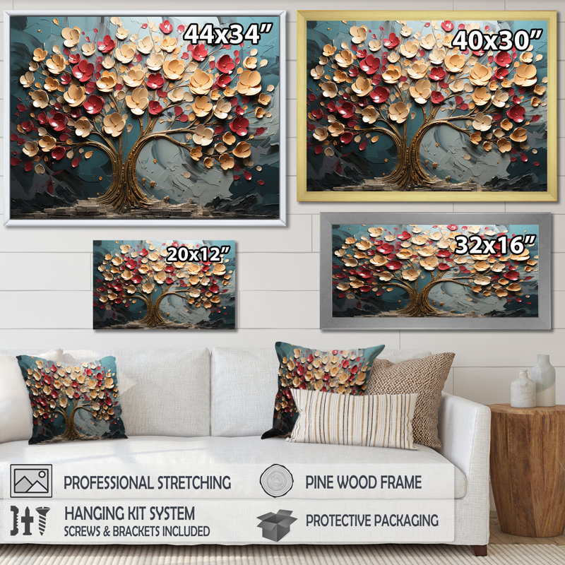 Fleur rouge et or au clair de lune beauté II - arbre, art mural, Cadre d'angle fermé noir, H 24 po x l 32 po x P 1 po