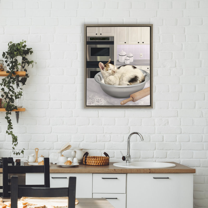 Cadre de chat qui dort dans un bol flottant, design par Mehu Art, H 21 po x l 17 po, Cadre flottant orme Montalcino
