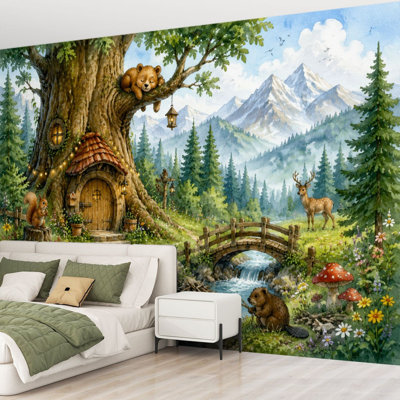 Wall Mural Peel and Stick Wallpaper Whimsical Woodland Scene Treehouse Animals Forest Stream Self-Adhesive Removable Contact Paper Wall Decor for Living Room Bedroom 69"H x 96"W