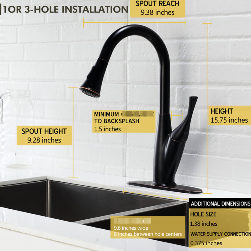 Robinet escamotable huilé en bronze huilé, silhouette épurée pour la cuisine, surface brillante, repousse les taches d'eau, poignée simple à droite ou à gauche, bec pivotant à 360 degrés, modes de pulvérisation double, montable