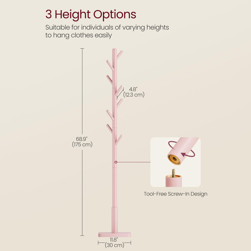 Trikomou Solid Wood 8-Hook Freestanding Coat Rack, Pink