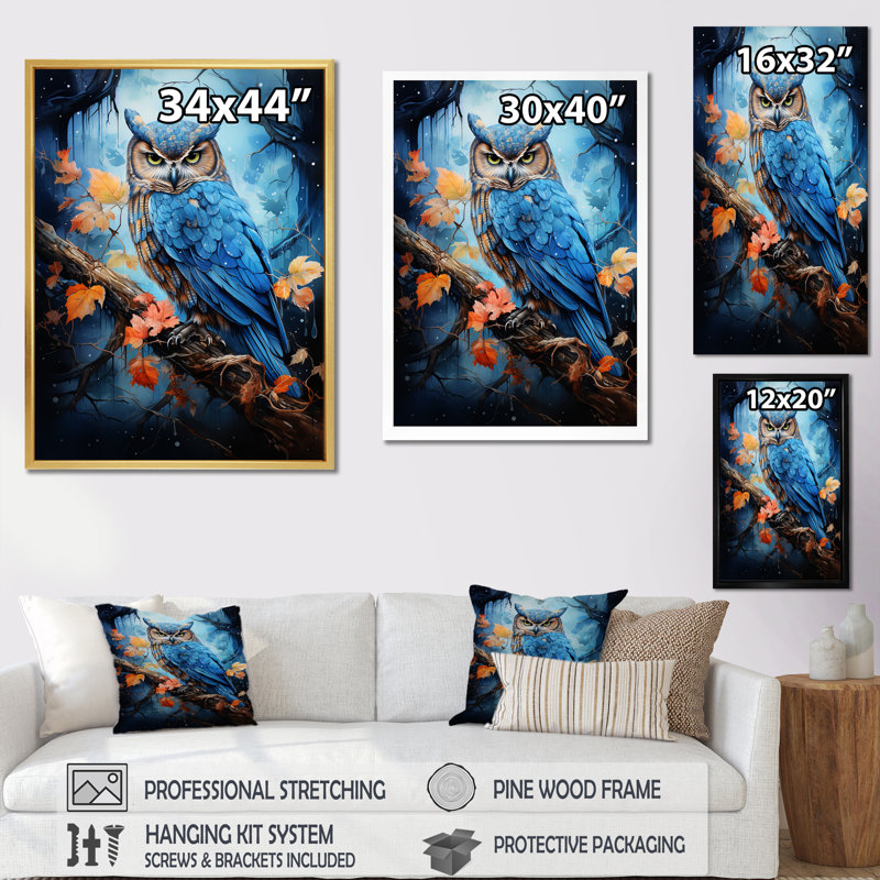 Blue Owls Moonlight Realm sur toile, Cadre flottant doré, H 44 po x l 34 po x P 1,5 po